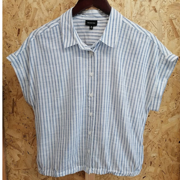 WHO WHAT WEAR Blue Striped Button Up Shirt Top Size Medium - Picture 2 of 9